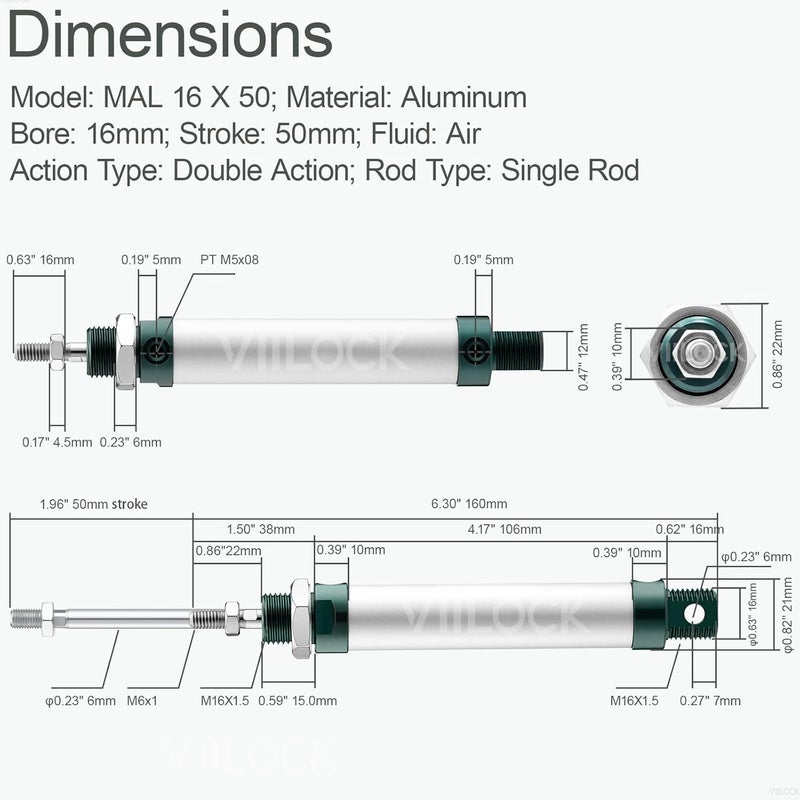 VIILOCK Pneumatic Air Cylinder 16mm Bore 50mm Stroke, Mini Air Cylinder Single Rod Double Action MAL 16 X 50 - Image 4